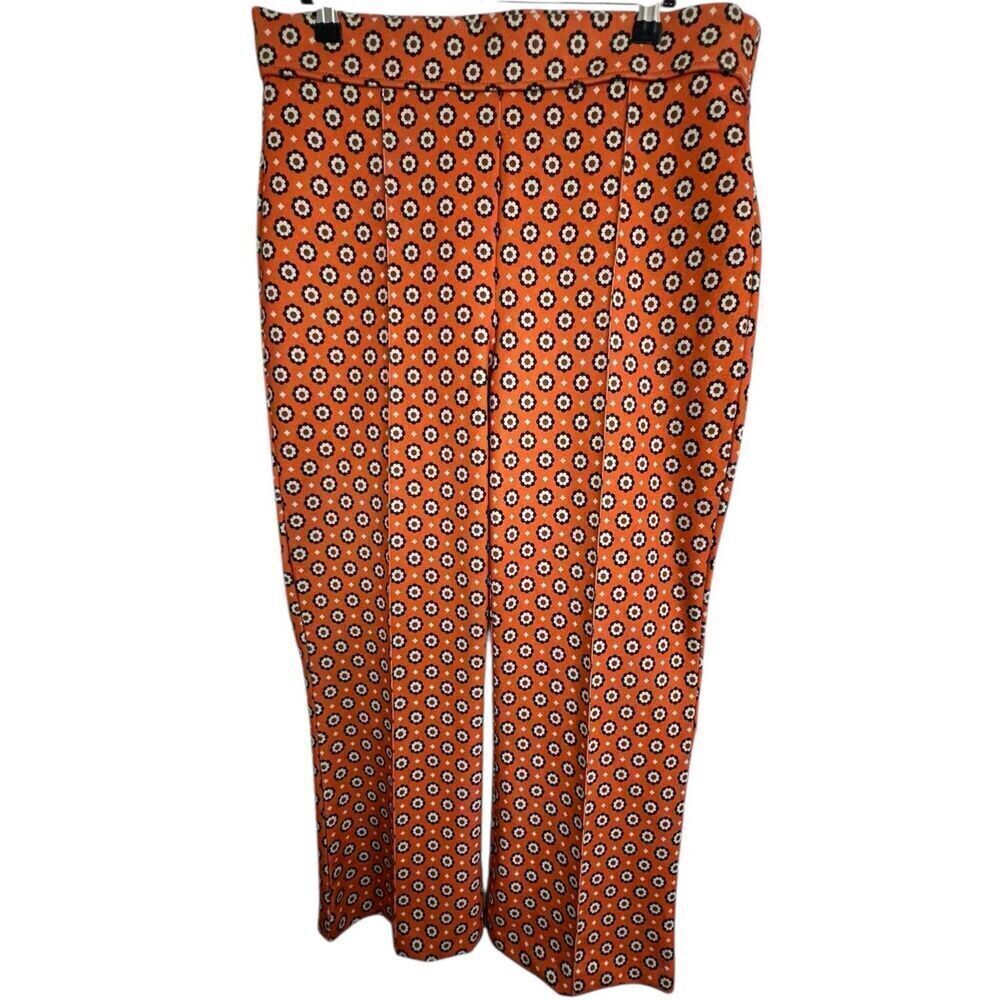 JNY Orange Funky 70s Style Floral Patterned Stretchy Flare Pants